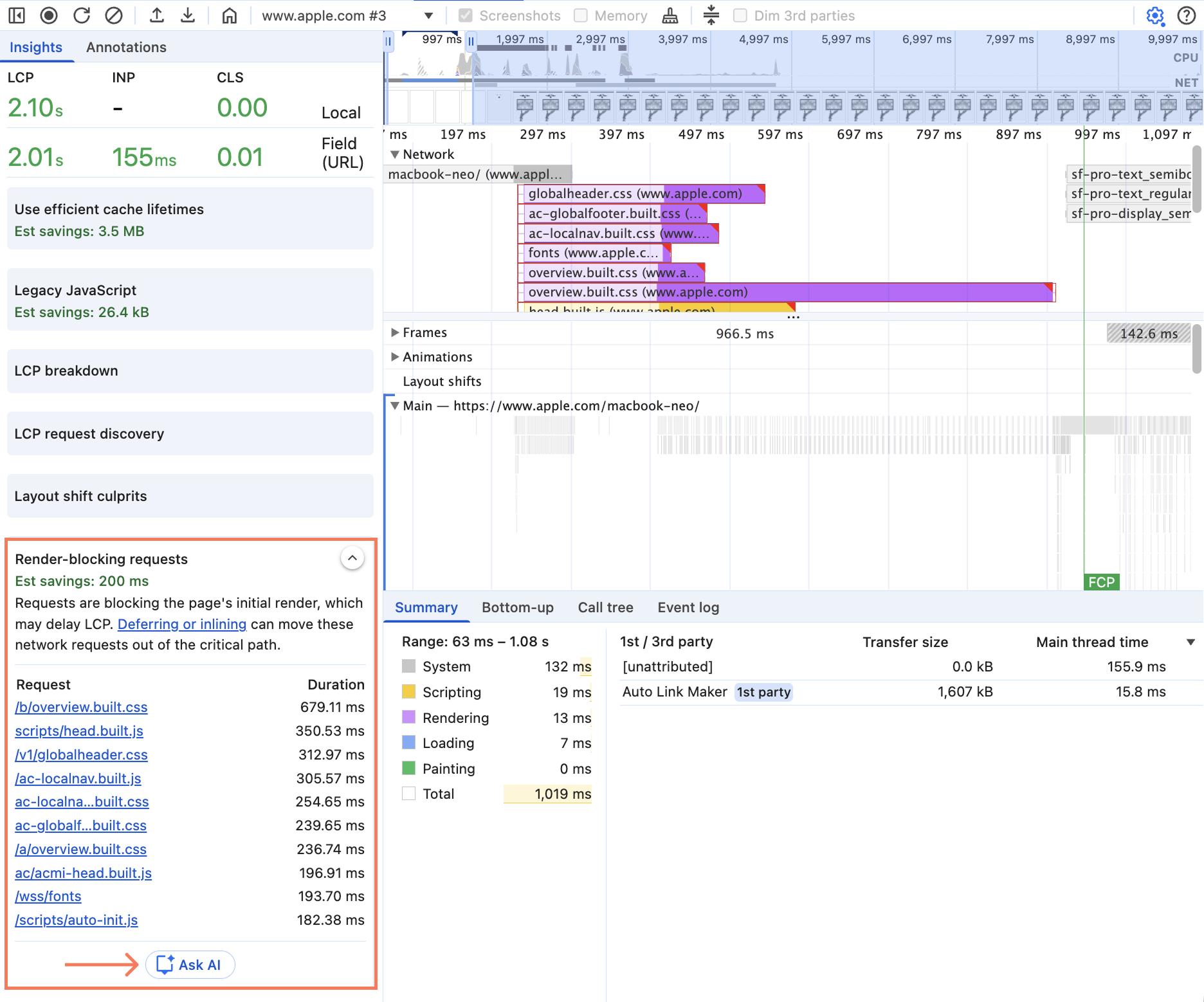 Chrome DevTools Performance panel showing further insights.