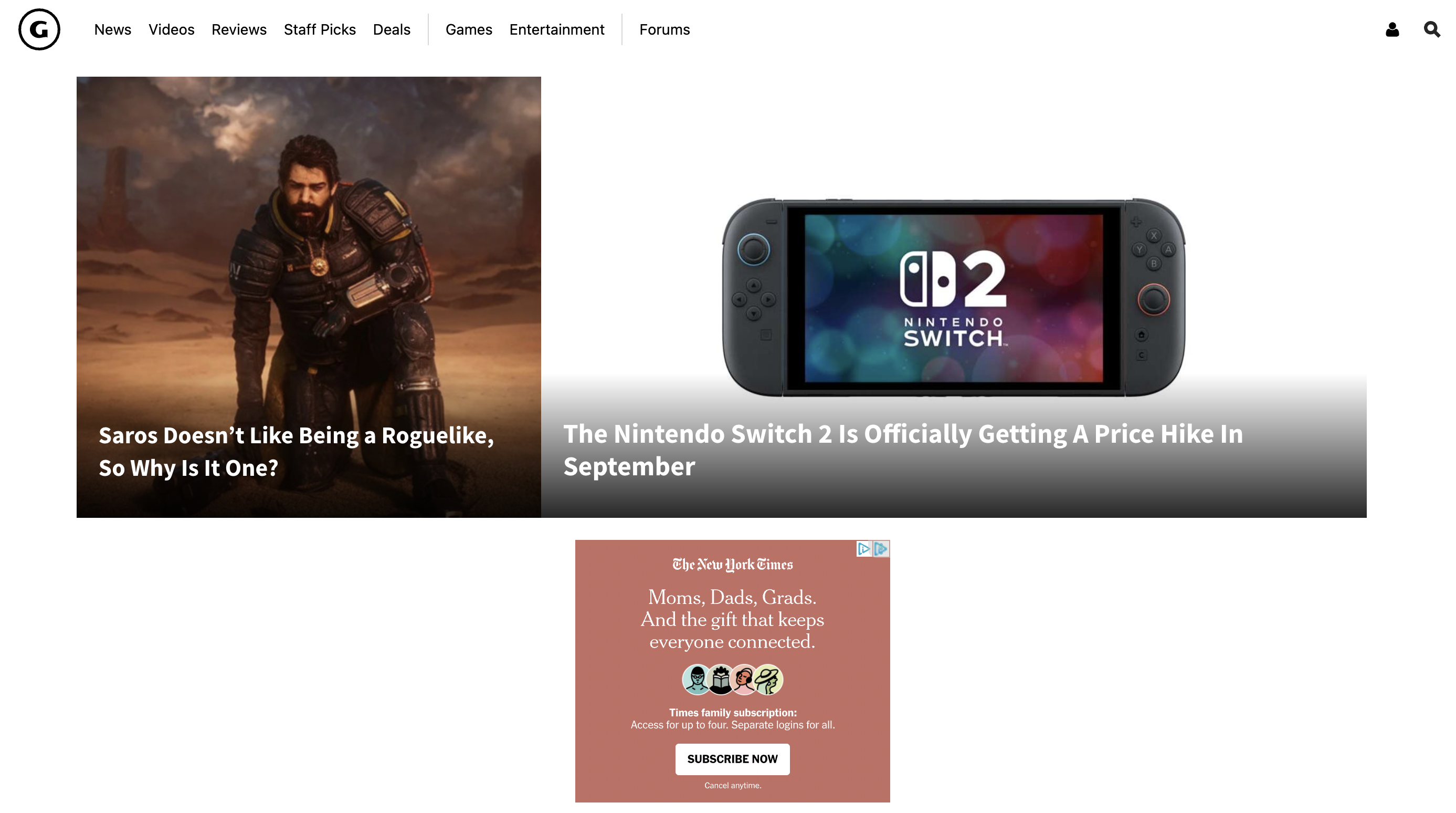 GameSpot.com homepage screenshot showing layout shift issue caused by unreserved ad space.