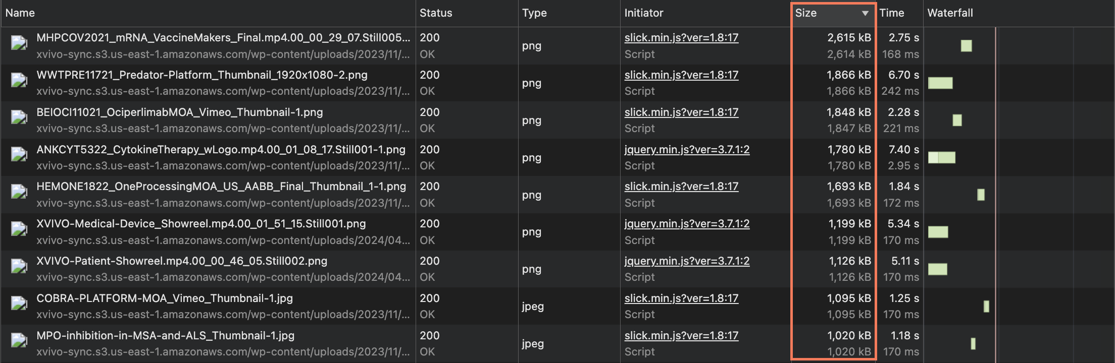 Chrome DevTools Network panel showing large image files identified by size.